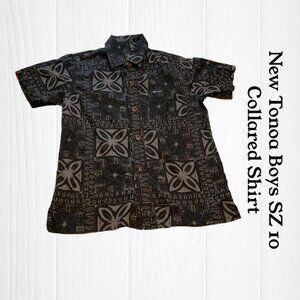 Boys SZ 10 Tonoa Button Up Shirt Black Gray Hawaii Tribal Pattern*Boys